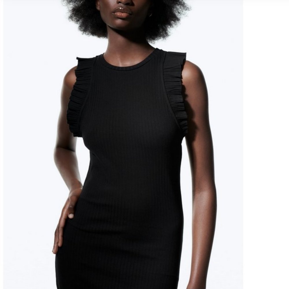 NEW Zara Ruffled Rib Dress Size XL Black - Picture 2 of 6